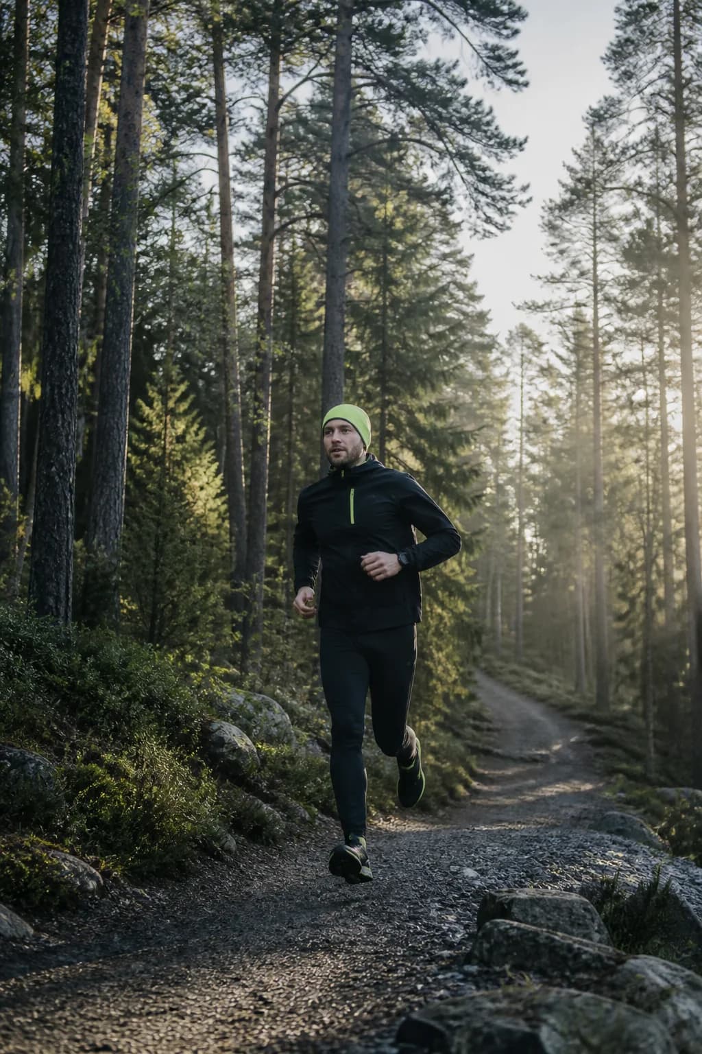En vardagsmotionär springer på en skogsstig i morgonljus